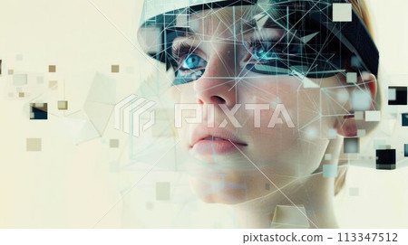 A woman wearing VR glasses depicting virtual reality technology AIGX04 113347512