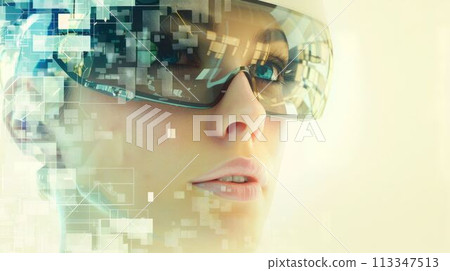 A woman wearing VR glasses depicting virtual reality technology AIGX04 113347513