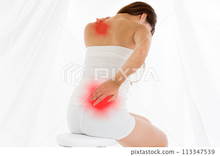"Visualizing shoulder and lower back pain" A woman is seated, holding her shoulders and lower back. 113347539