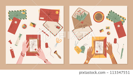 Creative handmade postcard illustration, cartoon style hands send craft envelope with handwritten letter, flat character receive mail and package at the table, trendy greeting postcard design. Creative handmade postcard illustration, cartoon style hands send craft envelope with handwritten letter, flat character receive mail and package at the table, trendy greeting postcard design. 113347551