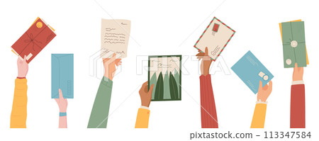 Cartoon hand holds mail, letter and postcard set, woman send handwritten envelope vector illustration, flat character hand receive craft postcard, paper handmade mail with stamp and address design Cartoon hand holds mail, letter and postcard set, woman send handwritten envelope vector illustration, flat character hand receive craft postcard, paper handmade mail with stamp and address design 113347584
