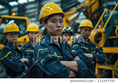 group of construction workers with background of excavation machinery aigx04 113347585