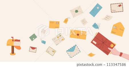 Trendy style craft envelope design concept drawing, creative greeting mail template background, hand holding flat postcard and cartoon handwritten letter flying from mailbox illustration. Trendy style craft envelope design concept drawing, creative greeting mail template background, hand holding flat postcard and cartoon handwritten letter flying from mailbox illustration. 113347586