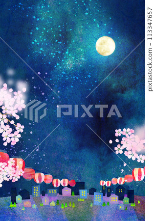 Moonlit night cherry blossom background material - collage material 113347657