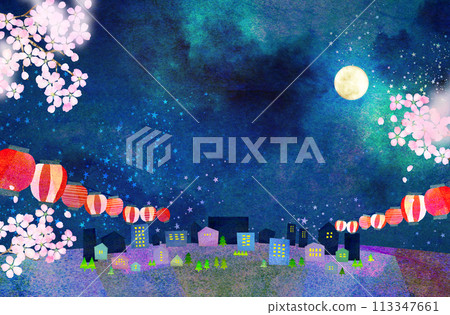Moonlit night cherry blossom background material - collage material 113347661