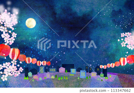 Moonlit night cherry blossom background material - collage material 113347662