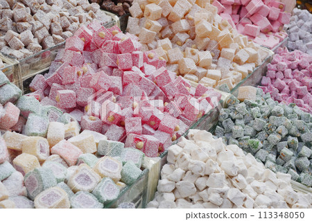 Traditional Turkish Delights displaying for sale at market  113348050