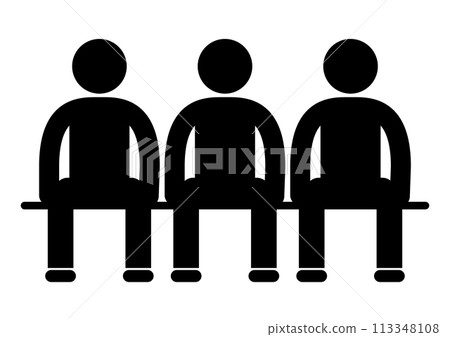 Pictogram for sitting and waiting. Audience members sitting on benches in the auditorium. Pictogram for sitting and waiting. Audience members sitting on benches in the auditorium. 113348108