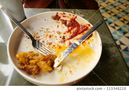 An empty dirty plate with a fork. 113348228
