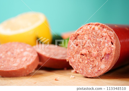 Close up of Traditional smoked salami sausage Close up of Traditional smoked salami sausage 113348510