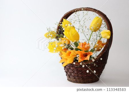 籃子裡亮黃色和橙色的鬱金香花 113348583