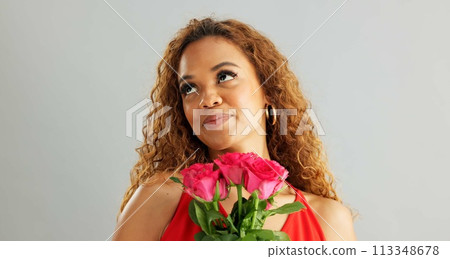 Happy woman, roses and valentines day with flowers for love, care or romance on a gray studio background. Portrait of female person with smile, bouquet and plant for romantic gift on mockup space 113348678