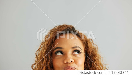 Woman, face and thinking with decision, choice or selection on a gray studio background. Closeup of female person, model or forehead in wonder or thought for choose, option or picking on mockup space Woman, face and thinking with decision, choice or selection on a gray studio background. Closeup of female person, model or forehead in wonder or thought for choose, option or picking on mockup space 113348845