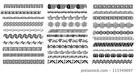 Set aztec tribal motive border in doodle hand drawn style from geometrical shapes isolated on white background. boho scandinavian srtoke, traditional native decor. Set aztec tribal motive border in doodle hand drawn style from geometrical shapes isolated on white background. boho scandinavian srtoke, traditional native decor. 113349097