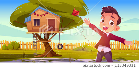 Boy, treehouse and swing in garden yard cartoon Boy, treehouse and swing in garden yard cartoon 113349331