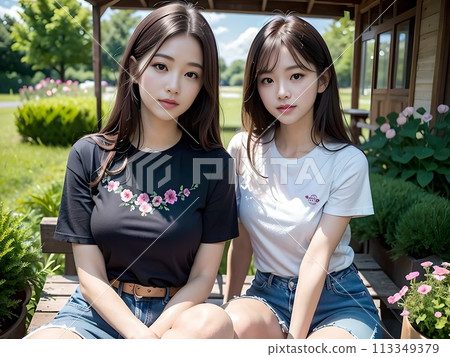 Two sisters wearing t-shirts and shorts are at their summer home during the summer holidays. 113349379