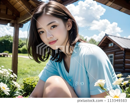 一個女人蹲在花園看花 113349383