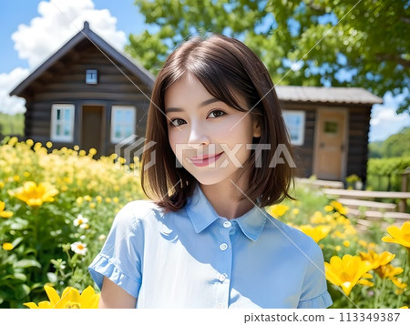 A woman surrounded by yellow flowers in front of a small log house 113349387