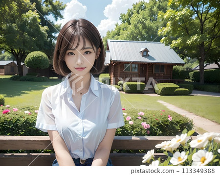 A woman is sitting on a wooden bench surrounded by white and pink flowers. 113349388