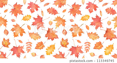 Watercolor seamless pattern. Autumn falling leaves. Autumnal foliage fall and orange maple leaves flying in wind motion blur. 113349745