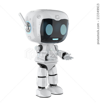 Cute and small artificial intelligence personal assistant robot open hand isolated 113349913