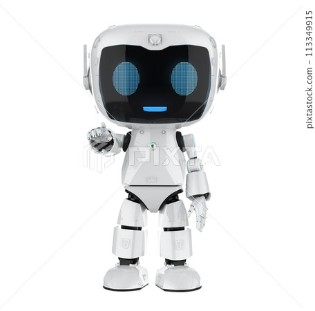 Cute and small artificial intelligence personal assistant robot finger point isolated Cute and small artificial intelligence personal assistant robot finger point isolated 113349915
