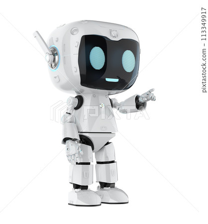 Cute and small artificial intelligence personal assistant robot finger point isolated Cute and small artificial intelligence personal assistant robot finger point isolated 113349917
