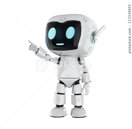 Cute and small artificial intelligence personal assistant robot finger point isolated 113349945