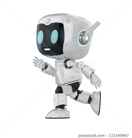 Cute and small artificial intelligence personal assistant robot walk isolated 113349967