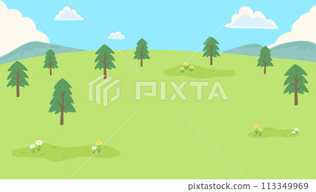 Blue sky and refreshing grassland, landscape background frame, simple hand-drawn illustration Blue sky and refreshing grassland, landscape background frame, simple hand-drawn illustration 113349969