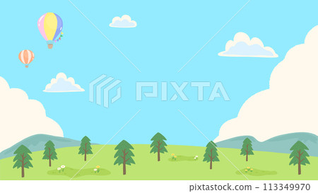 Blue sky and hot air balloon, refreshing grassland, landscape background frame, simple hand drawn illustration Blue sky and hot air balloon, refreshing grassland, landscape background frame, simple hand drawn illustration 113349970