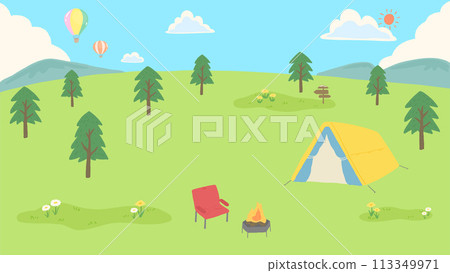 藍天和熱氣球，受露營啟發的風景背景框架，簡單的手繪插畫 113349971