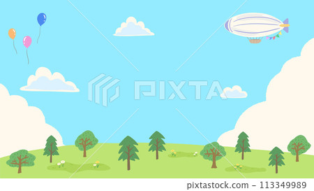 清新的風景背景框架，帶有飛艇和氣球，簡單的手繪插圖 113349989