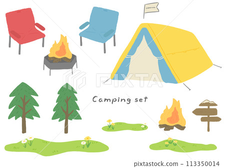 Camping tent, campfire, trees and grassland, hand drawn cute illustration set 113350014