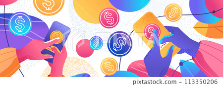 human hands using mobile app with dollar coins financial banking wealth transformation technology fintech business investment 113350206