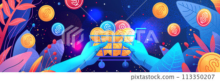 hands holding dollar coins in trolley cart financial banking wealth transformation technology fintech business investment shopping money 113350207