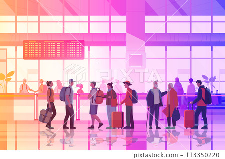 passengers with luggage in arrival waiting room or departure lounge international airport terminal interior 113350220