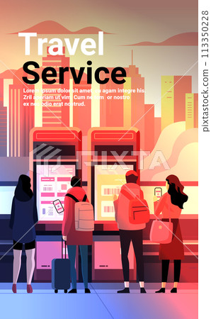 People in arrival waiting room self check in at automatic machine or buying tickets in interactive terminal modern airport interior People in arrival waiting room self check in at automatic machine or buying tickets in interactive terminal modern airport interior 113350228