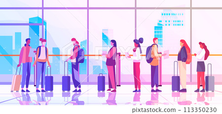 passengers with luggage in arrival waiting room or departure lounge international airport terminal interior 113350230