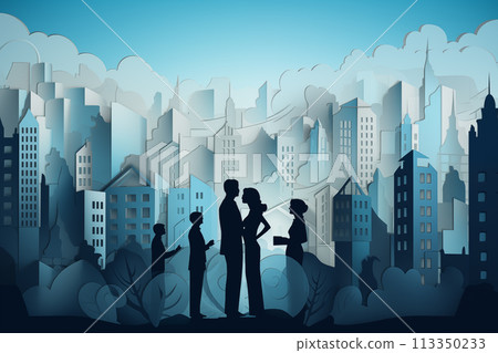 Paper art style of landscape with cityscape. people are doing activity. By generative Ai 113350233