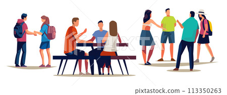 people relaxing in park or river bank with wooden benches and tables tourists resting outdoors people relaxing in park or river bank with wooden benches and tables tourists resting outdoors 113350263
