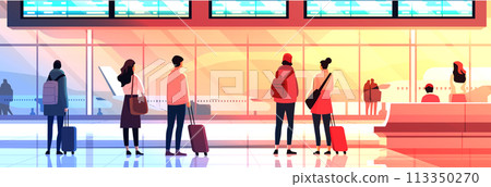 passengers with luggage in arrival waiting room or departure lounge international airport terminal interior horizontal 113350270