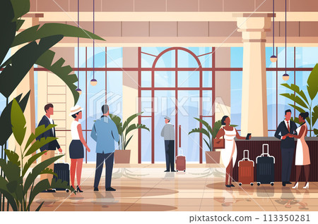 tourists with luggage departing from business trip standing at reception desk in hotel lobby recreation travel check-in concept 113350281