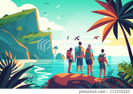 tourists standing on beach and enjoying sea scenic panorama with landscape island summer vacation time to travel concept 113350283
