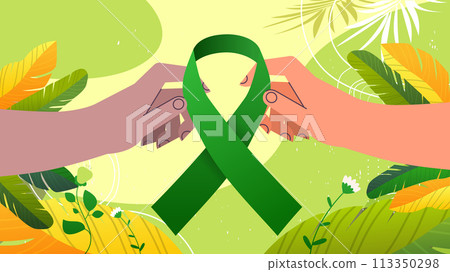 world mental health day awareness month banner human hands holding green ribbon world mental health day awareness month banner human hands holding green ribbon 113350298