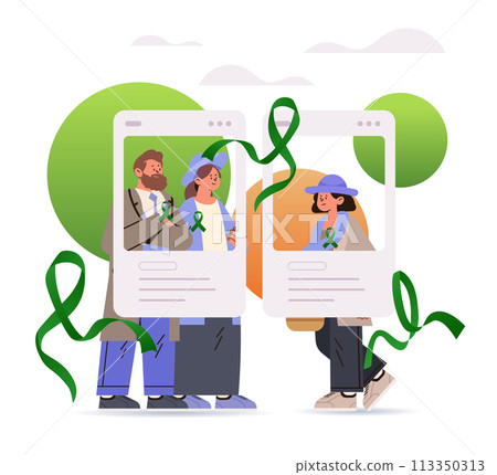 people in social media photo frames with green ribbons celebrating world mental health day awareness month people in social media photo frames with green ribbons celebrating world mental health day awareness month 113350313