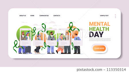 people in social media photo frames with green ribbons celebrating world mental health day awareness month horizontal 113350314
