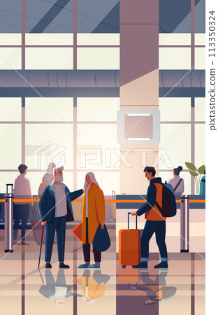 passengers with luggage in arrival waiting room or departure lounge international airport terminal interior vertical 113350324