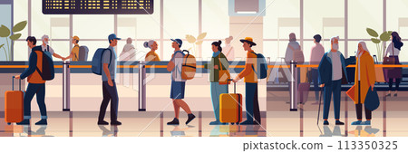 passengers with luggage in arrival waiting room or departure lounge international airport terminal interior horizontal 113350325
