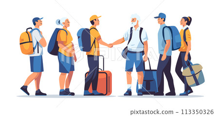 passengers with luggage standing together in line queue travel vacation concept horizontal 113350326